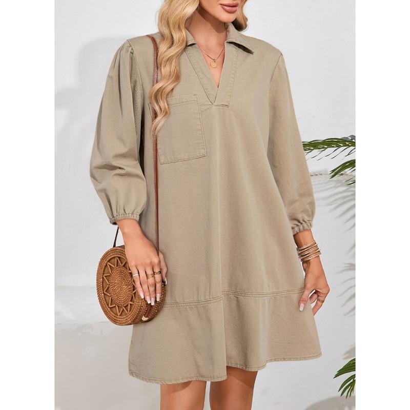 Dokotoo Denim Dress for Women Fashion Fall Casual Babydoll 2026 V Neck 3/4 Puff Sleeve Jean Dresses
