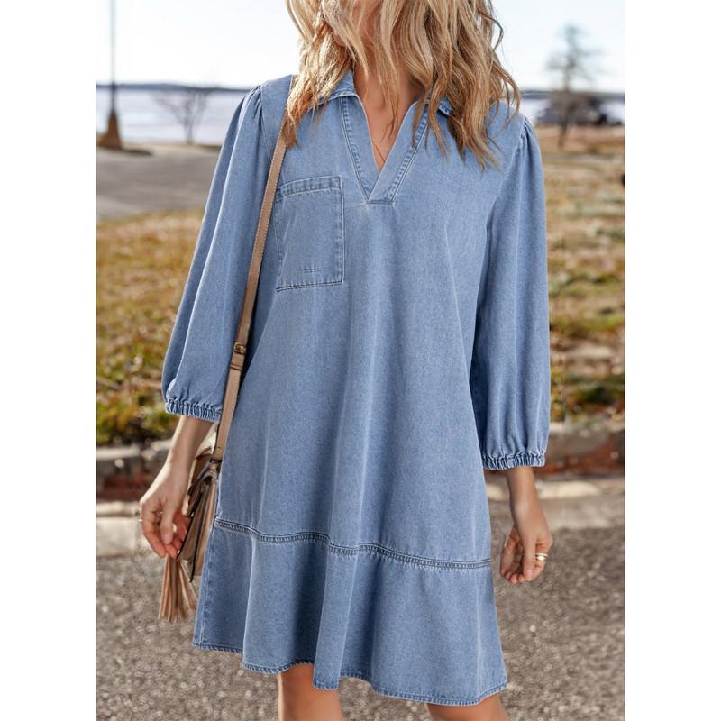 Dokotoo Denim Dress for Women Fashion Fall Casual Babydoll 2026 V Neck 3/4 Puff Sleeve Jean Dresses