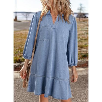 Dokotoo Denim Dress for Women Fashion Fall Casual Babydoll 2026 V Neck 3/4 Puff Sleeve Jean Dresses