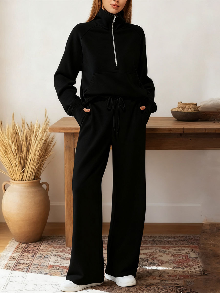 Women's Two-piece Set Half-zip Sweatshirt Wide-leg Pants Casual Suit.