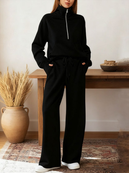 Women's Two-piece Set Half-zip Sweatshirt Wide-leg Pants Casual Suit.