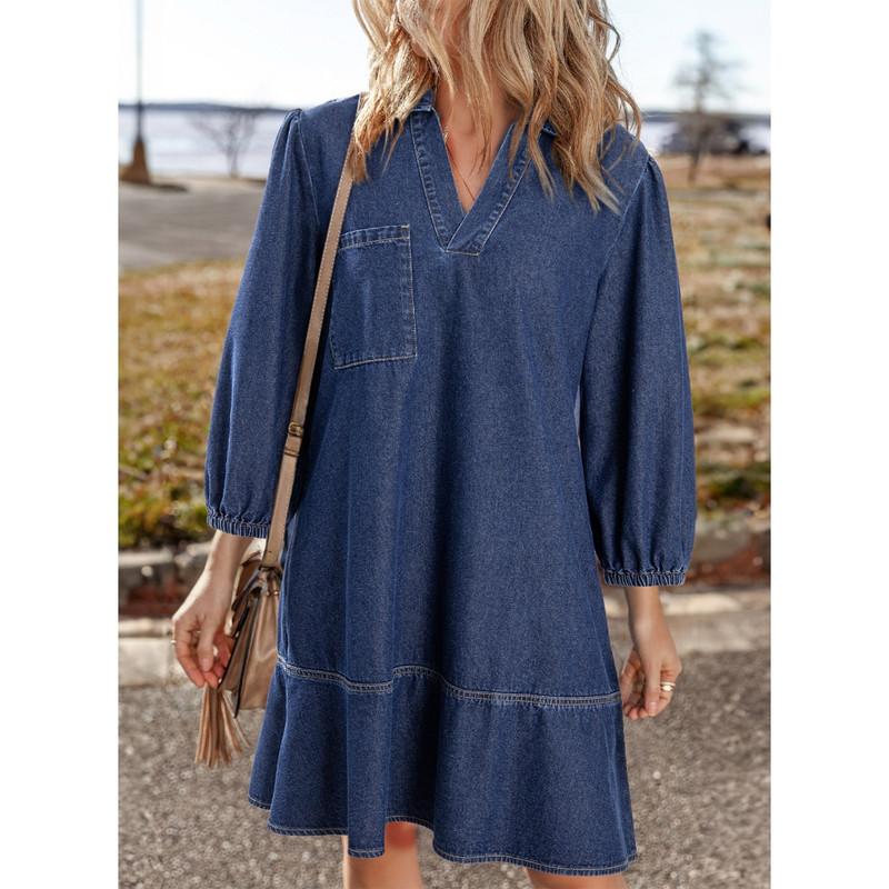 Dokotoo Denim Dress for Women Fashion Fall Casual Babydoll 2026 V Neck 3/4 Puff Sleeve Jean Dresses