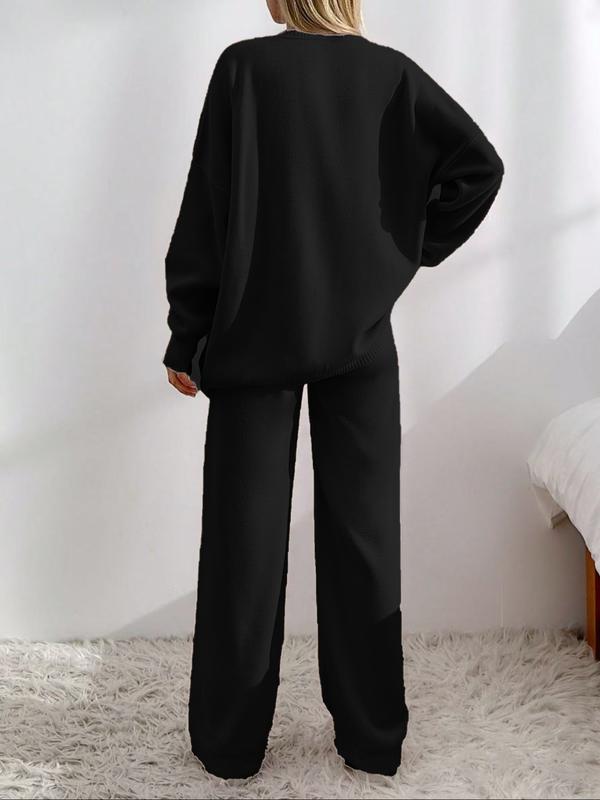 Women's Solid Button Front Drop Shoulder V Neck Cardigan & Elastic Waist Wide Leg Pants Two-piece Set, Matching Clothing Set, Casual Fashion Cozy Minimalist Knitwear Set for Daily Outdoor Wear, Women's Knitwear for Fall & Winter