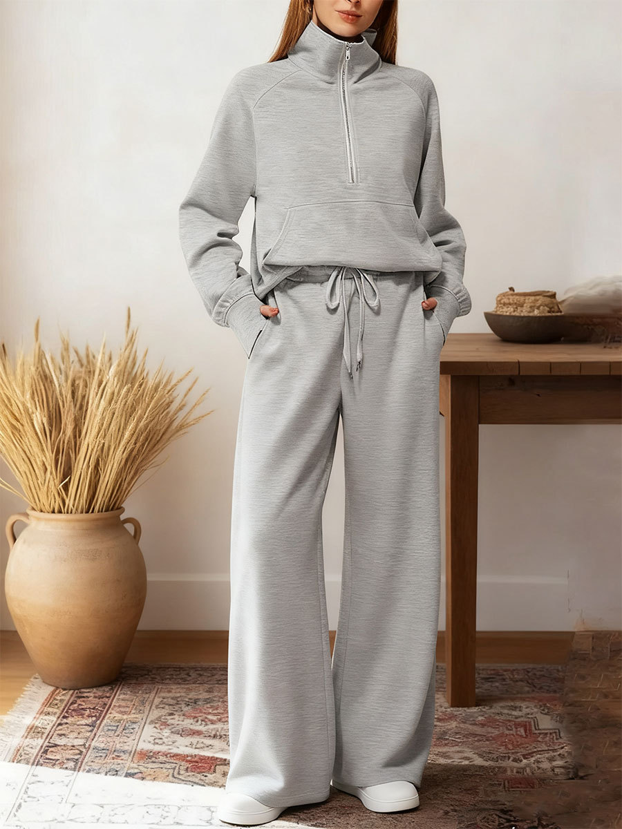 Women's Two-piece Set Half-zip Sweatshirt Wide-leg Pants Casual Suit.