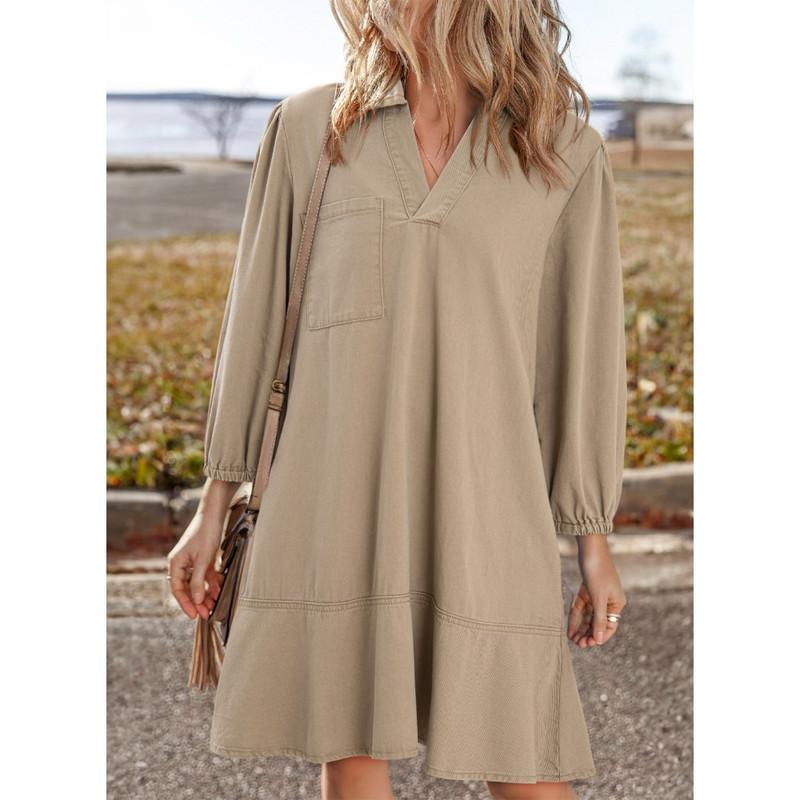 Dokotoo Denim Dress for Women Fashion Fall Casual Babydoll 2026 V Neck 3/4 Puff Sleeve Jean Dresses