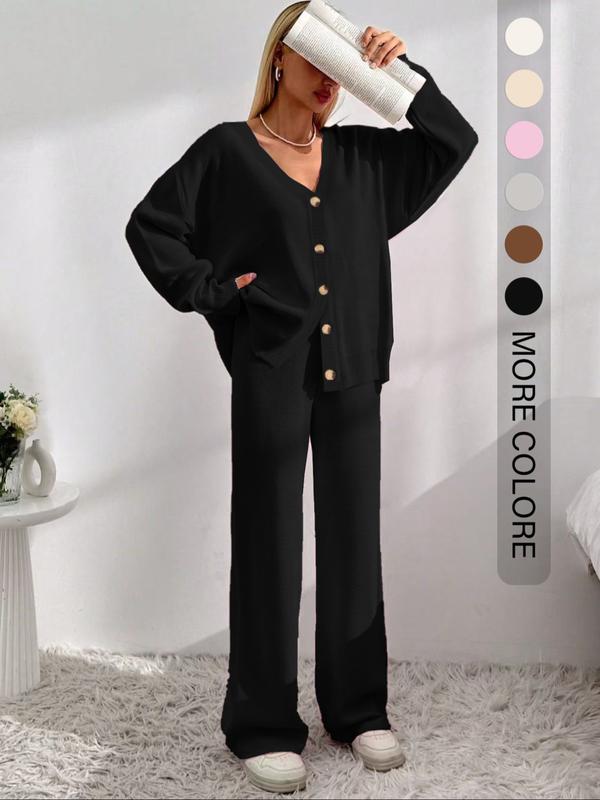 Women's Solid Button Front Drop Shoulder V Neck Cardigan & Elastic Waist Wide Leg Pants Two-piece Set, Matching Clothing Set, Casual Fashion Cozy Minimalist Knitwear Set for Daily Outdoor Wear, Women's Knitwear for Fall & Winter