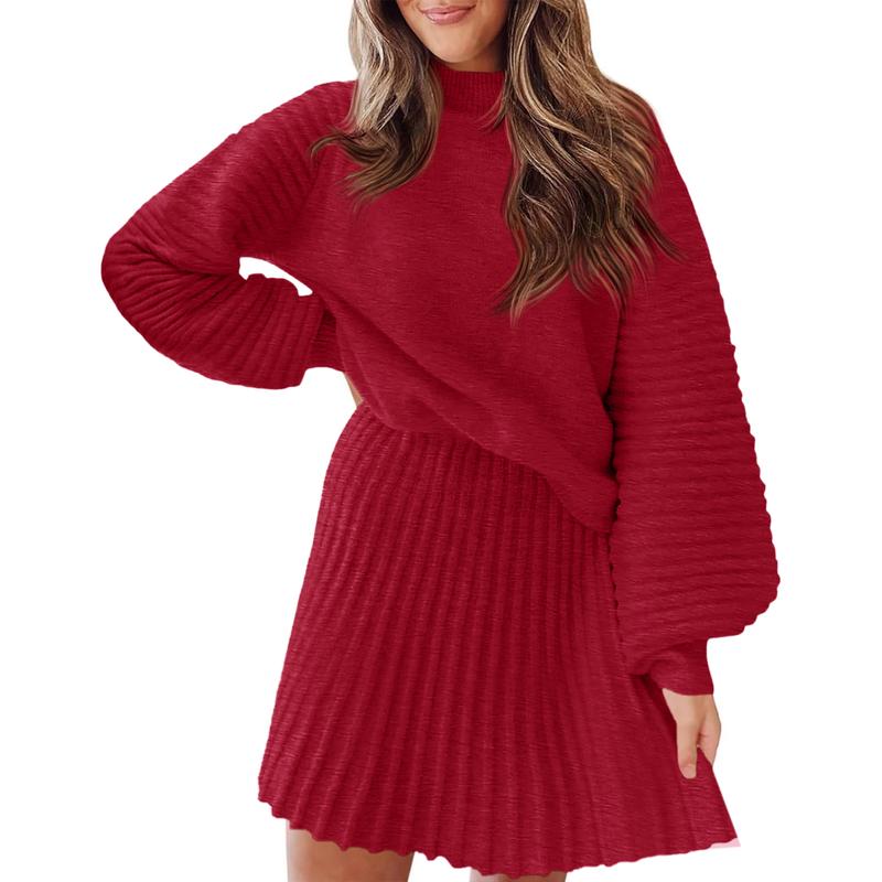 Imily Bela Women's 2 Piece Outfits 2026 Long Sleeve Mock Neck Ribbed Sweaters & Mini Skirt Set Soft Cozy Knitted Fabric Casual Everyday Wear Dress Womenswear