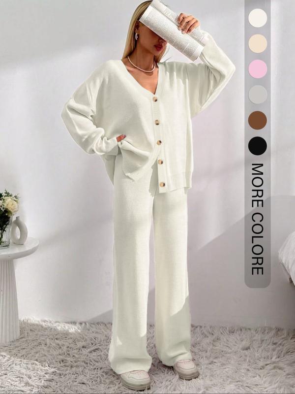 Women's Solid Button Front Drop Shoulder V Neck Cardigan & Elastic Waist Wide Leg Pants Two-piece Set, Matching Clothing Set, Casual Fashion Cozy Minimalist Knitwear Set for Daily Outdoor Wear, Women's Knitwear for Fall & Winter