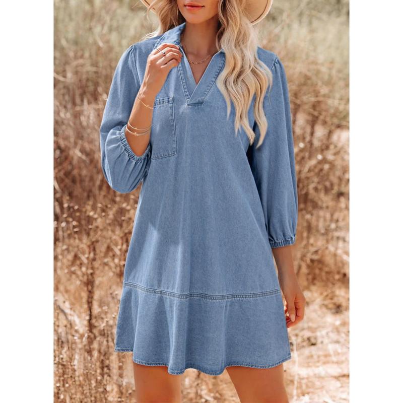 Dokotoo Denim Dress for Women Fashion Fall Casual Babydoll 2026 V Neck 3/4 Puff Sleeve Jean Dresses