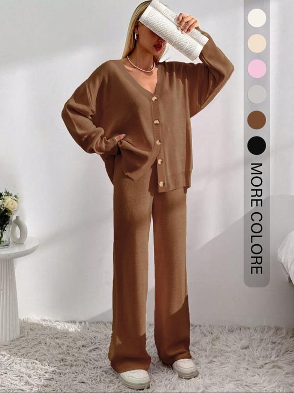 Women's Solid Button Front Drop Shoulder V Neck Cardigan & Elastic Waist Wide Leg Pants Two-piece Set, Matching Clothing Set, Casual Fashion Cozy Minimalist Knitwear Set for Daily Outdoor Wear, Women's Knitwear for Fall & Winter