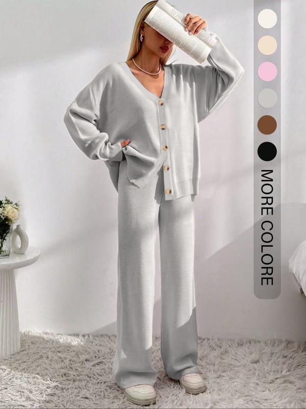 Women's Solid Button Front Drop Shoulder V Neck Cardigan & Elastic Waist Wide Leg Pants Two-piece Set, Matching Clothing Set, Casual Fashion Cozy Minimalist Knitwear Set for Daily Outdoor Wear, Women's Knitwear for Fall & Winter