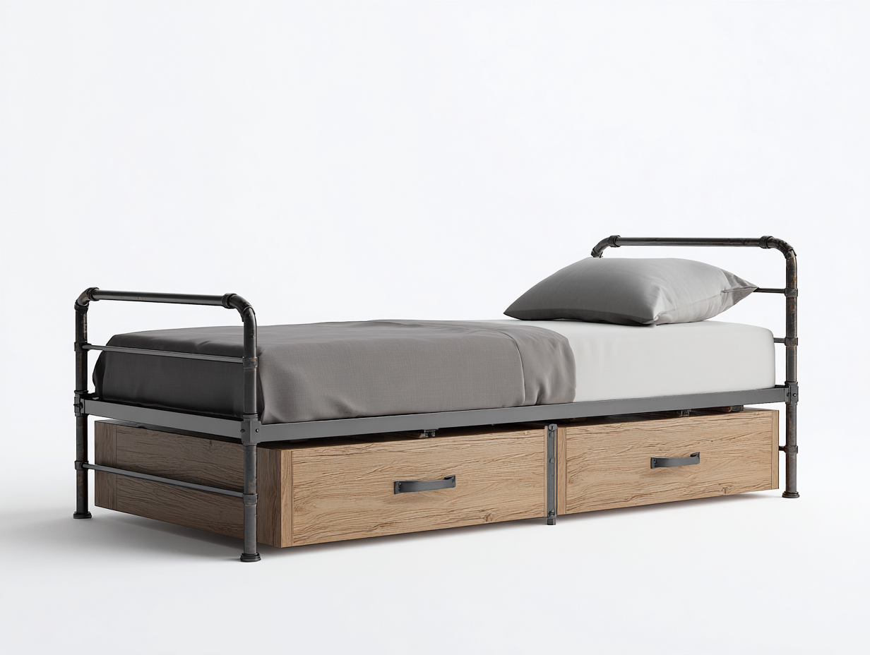 Twin Bed metal and wood frame 78x41x35 (inches) - black-natural wood - storage design for bedroom-Loftgetshop