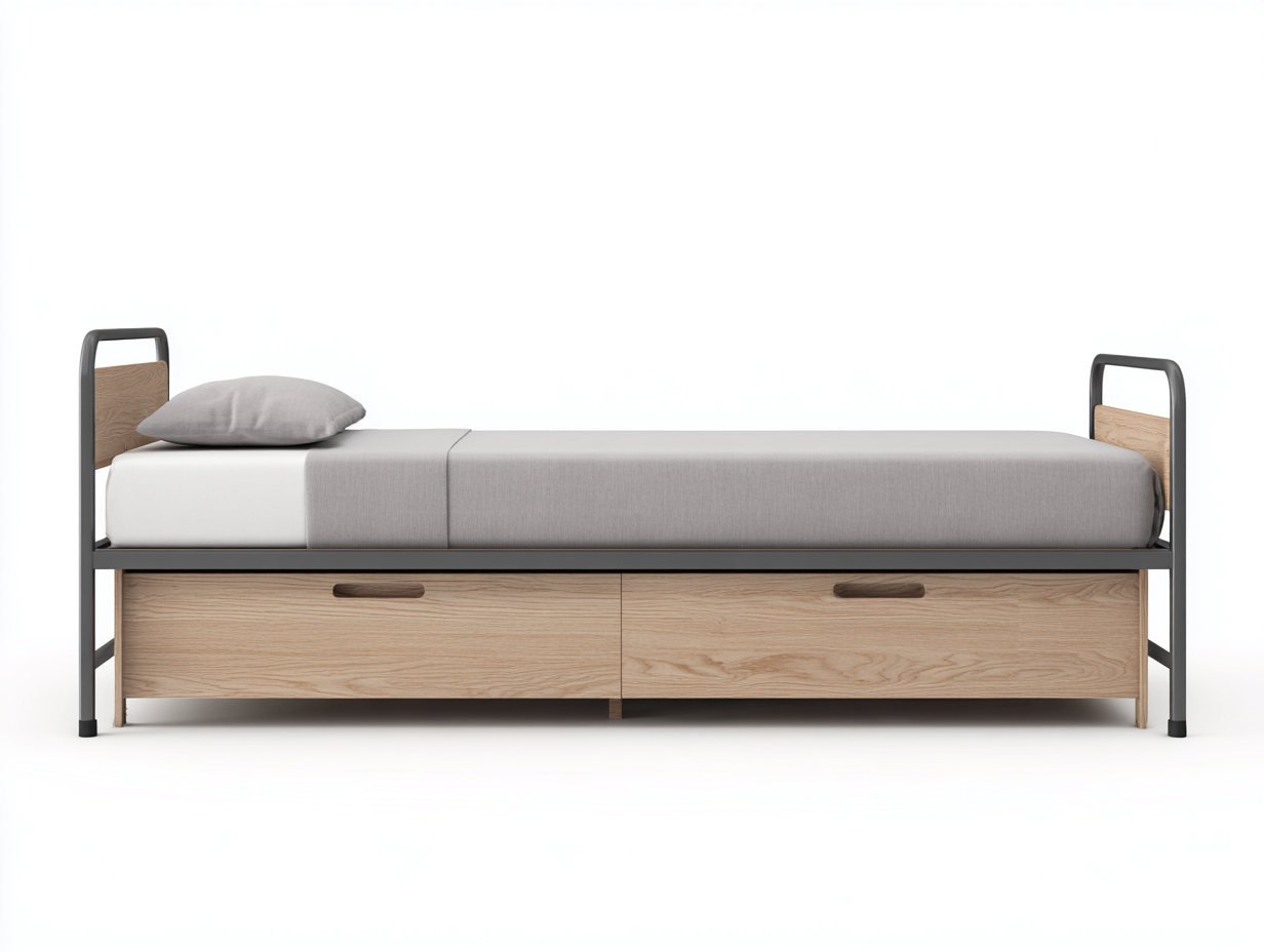 Twin Bed Metal-Wood 78x41x36 inches Natural-Black Storage Design