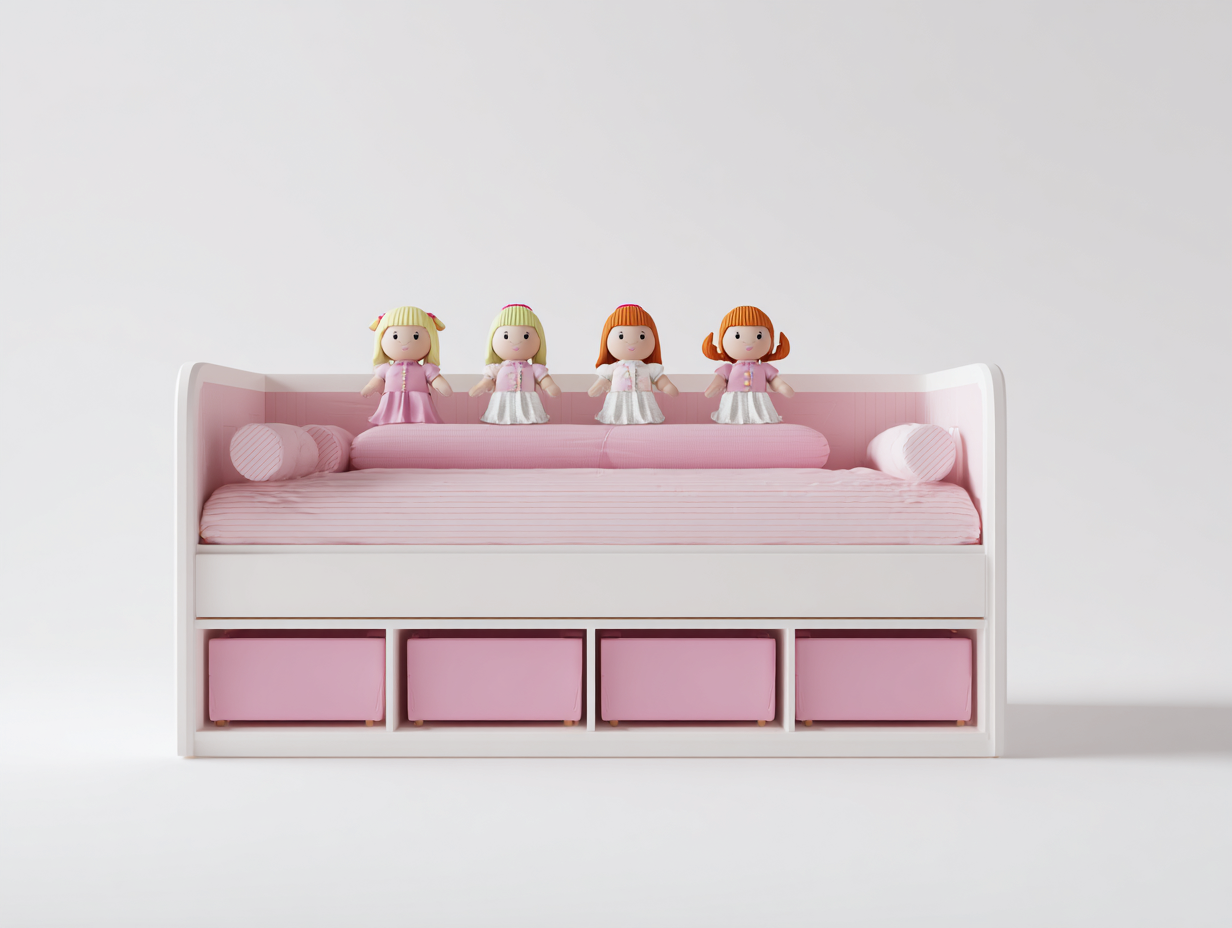 Kids Bed wood frame 78x39x28  (inches) - white-pink - storage design for children