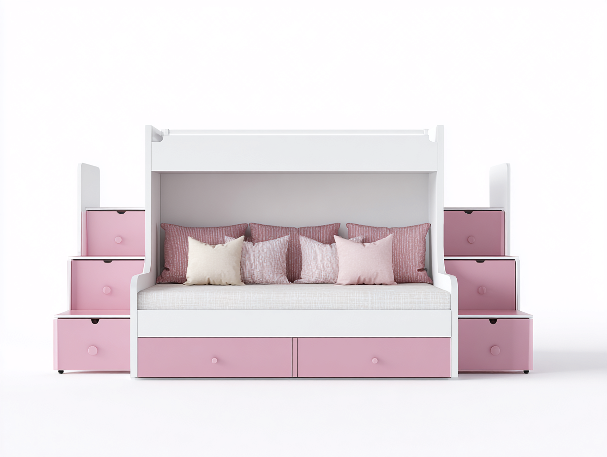 Kids Bed with Storage 78x35x65 inches - White-Pink - Modern Design