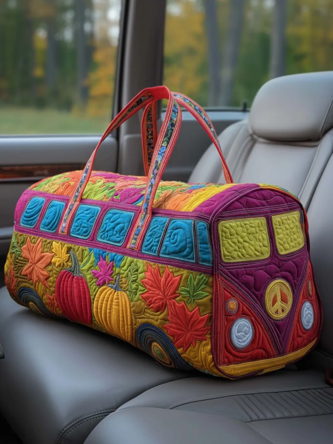 Hippie Pumpkin Fall Bus Quilted Duffle Bag