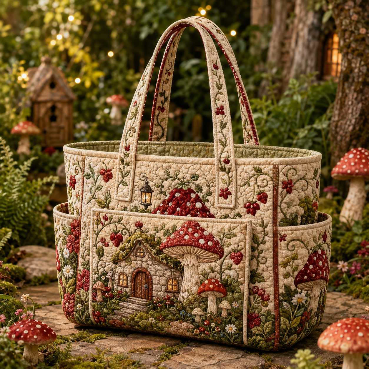 Mushroom Cottage Garden Multiple Pockets Quilted Tote Bag