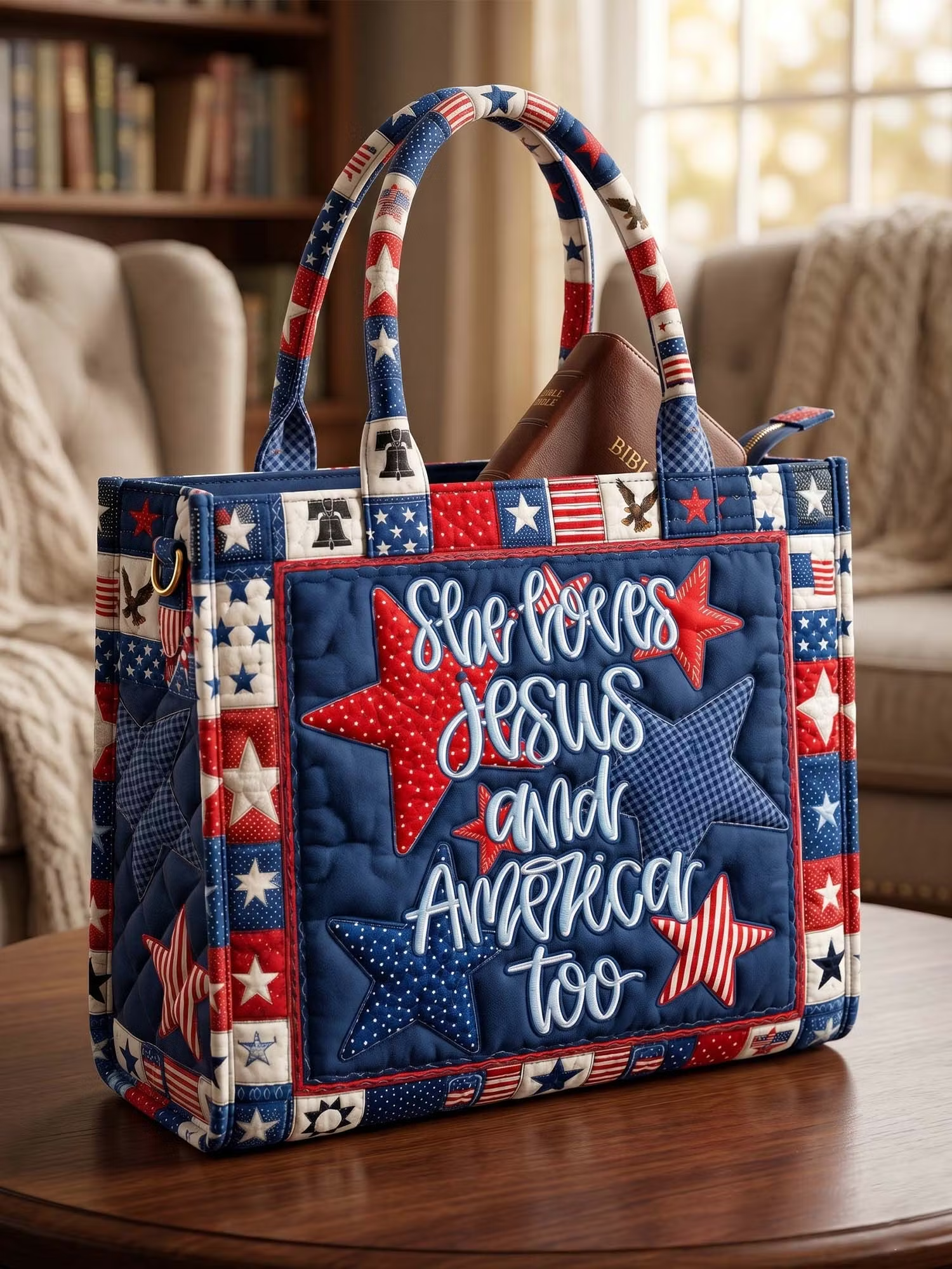 She Loves Jesus And America Too Quilted Leather Strap Bible Handbag