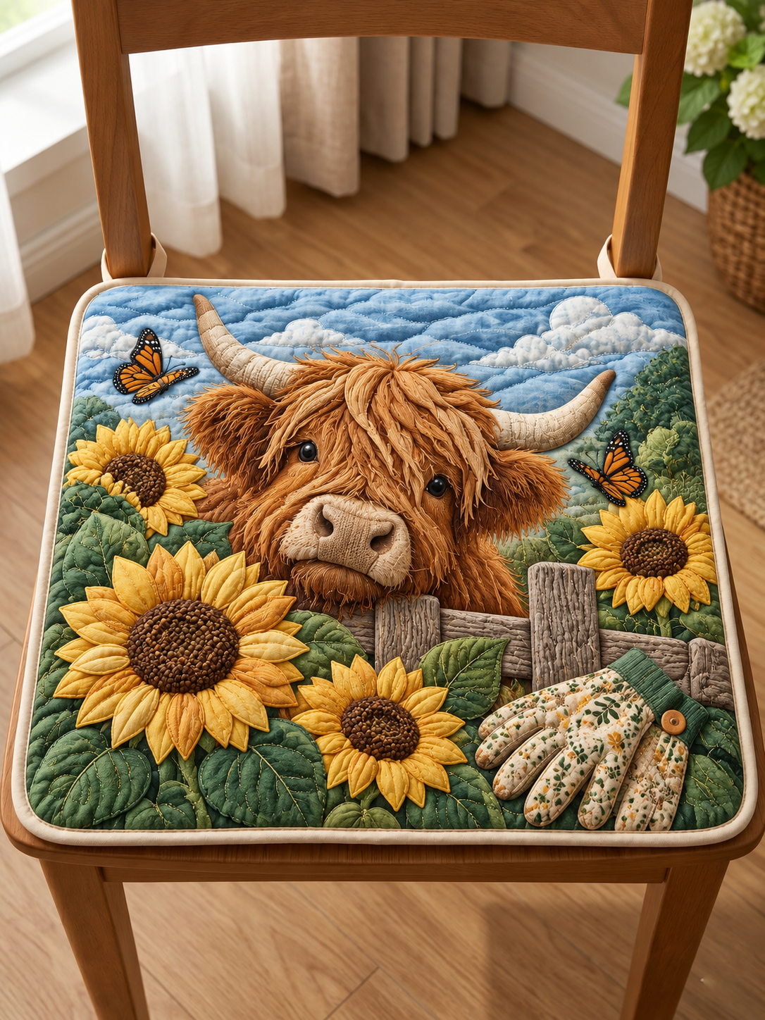 Sunflower Highland Cow Quilted Chair Cushion
