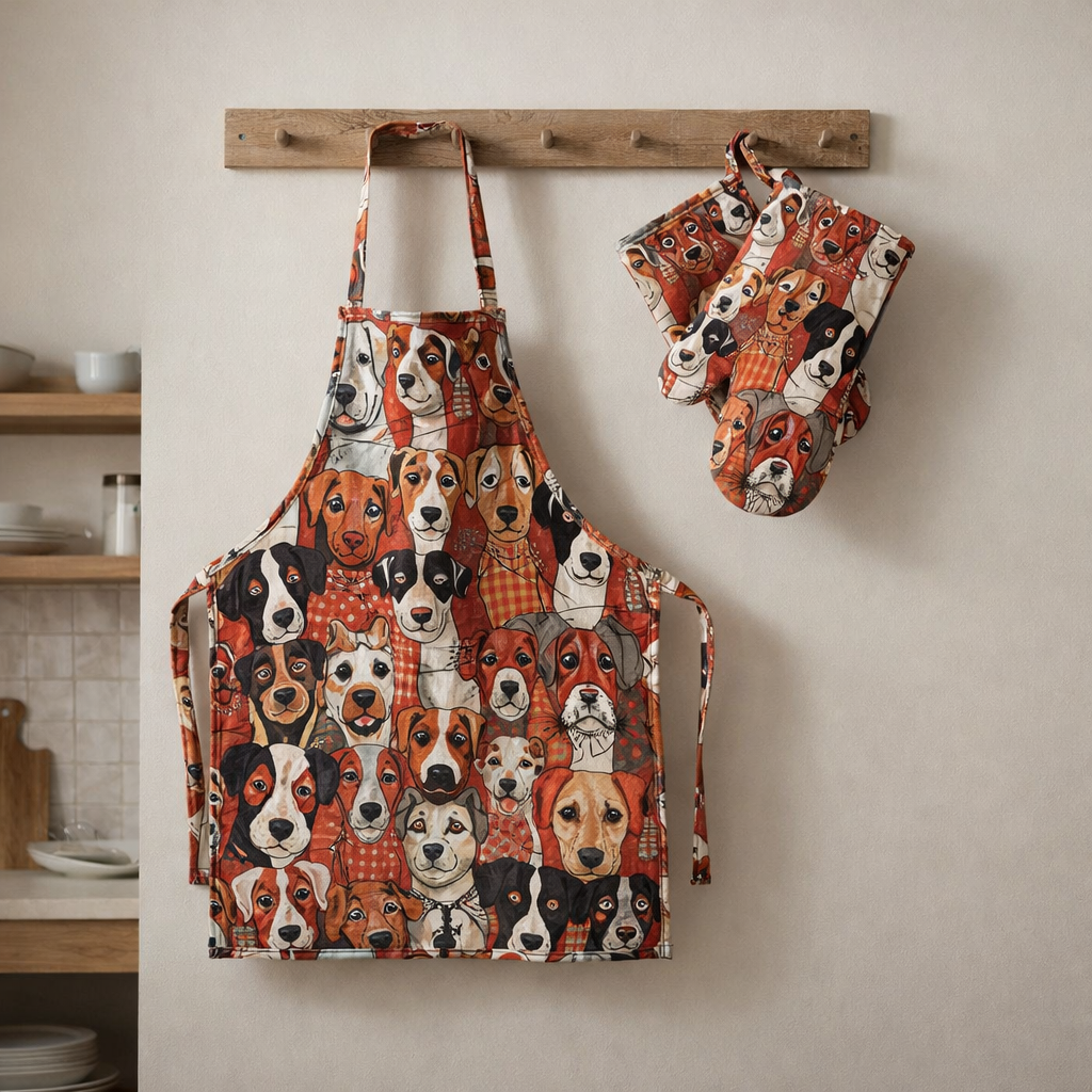 Love Dogs Quilted Apron Set (2-Piece) – Padded Apron + Heat-Resistant Oven Mitts