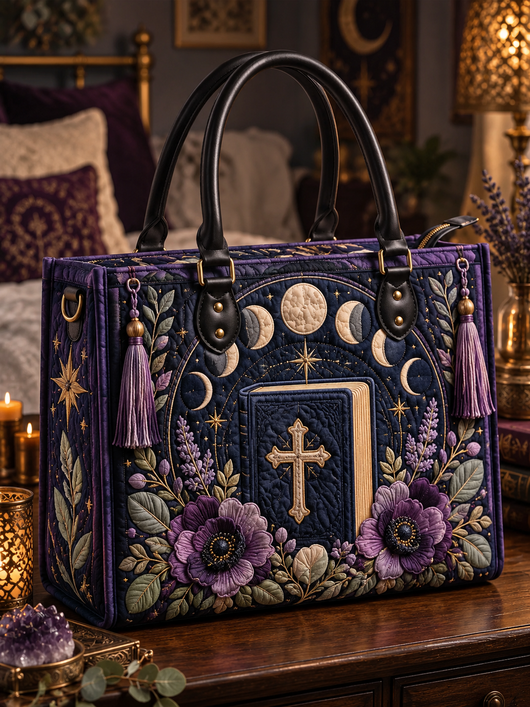 Midnight Cross Blossom Quilted Leather Strap Bible Handbag