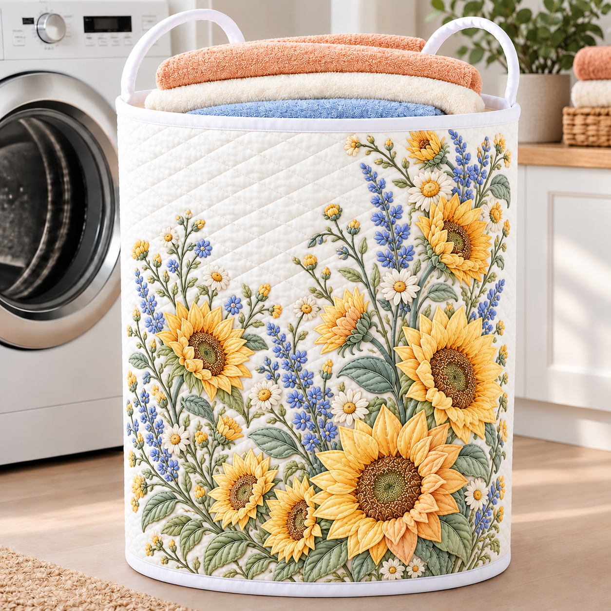 Golden Sunflower Field Quilted Laundry Basket