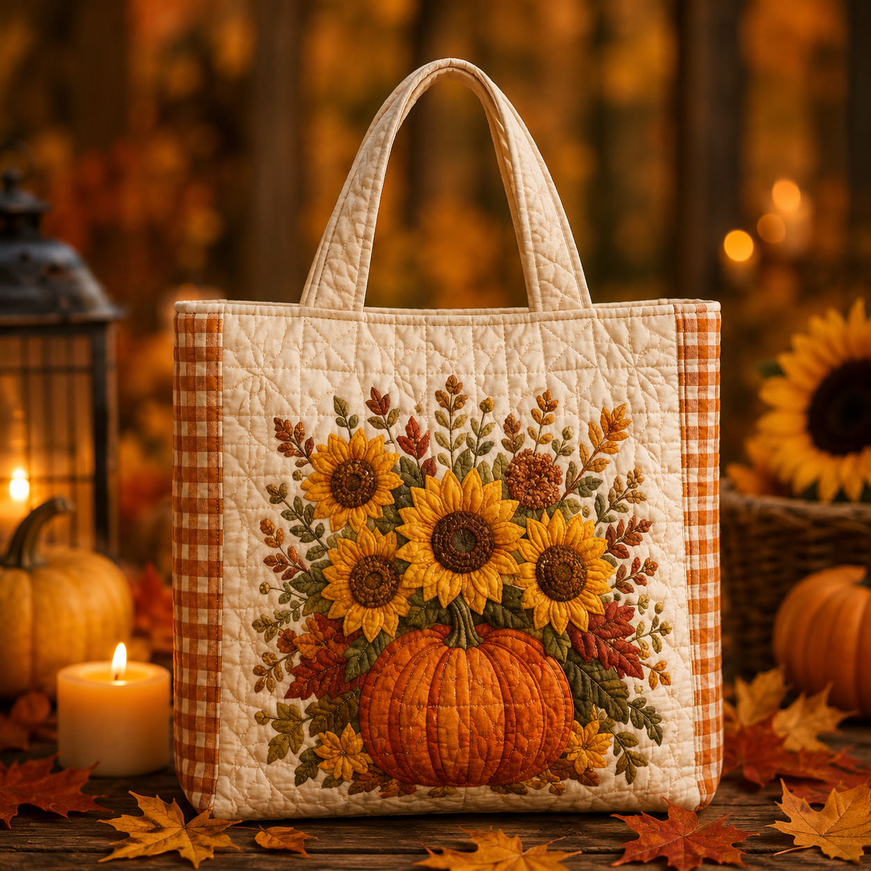 Pumpkin Sunflower Plaid Fall Quilted Tote Bag