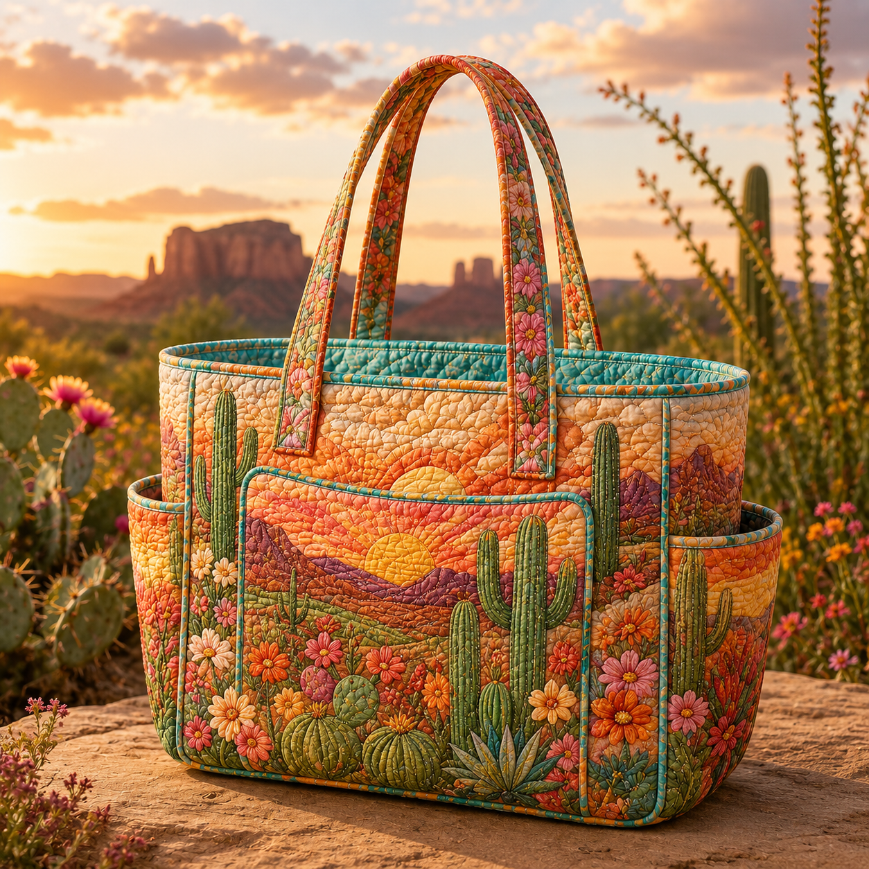 Desert Cactus Sunset Multiple Pockets Quilted Tote Bag
