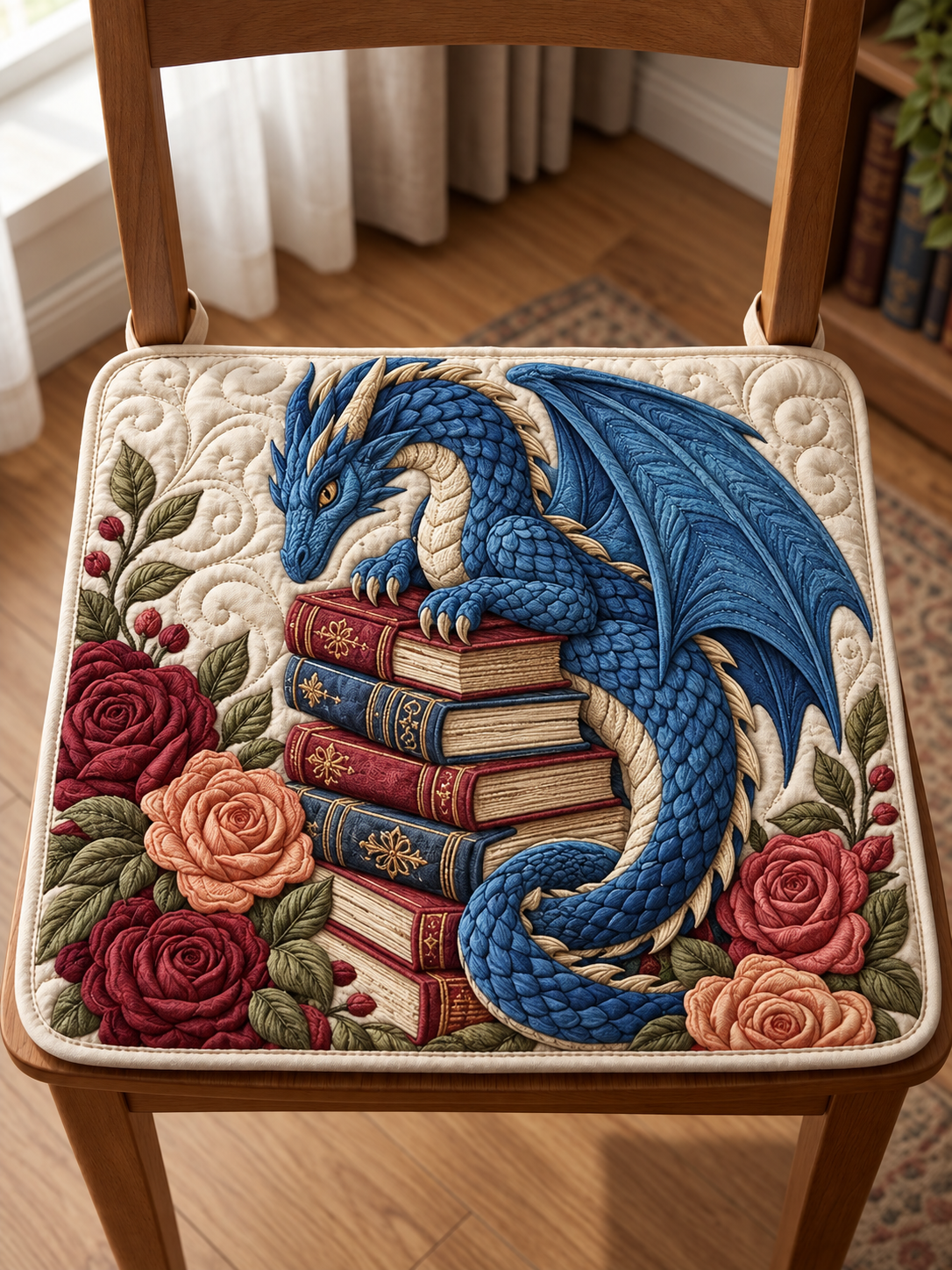 Blue Dragon Book Stack Quilted Chair Cushion