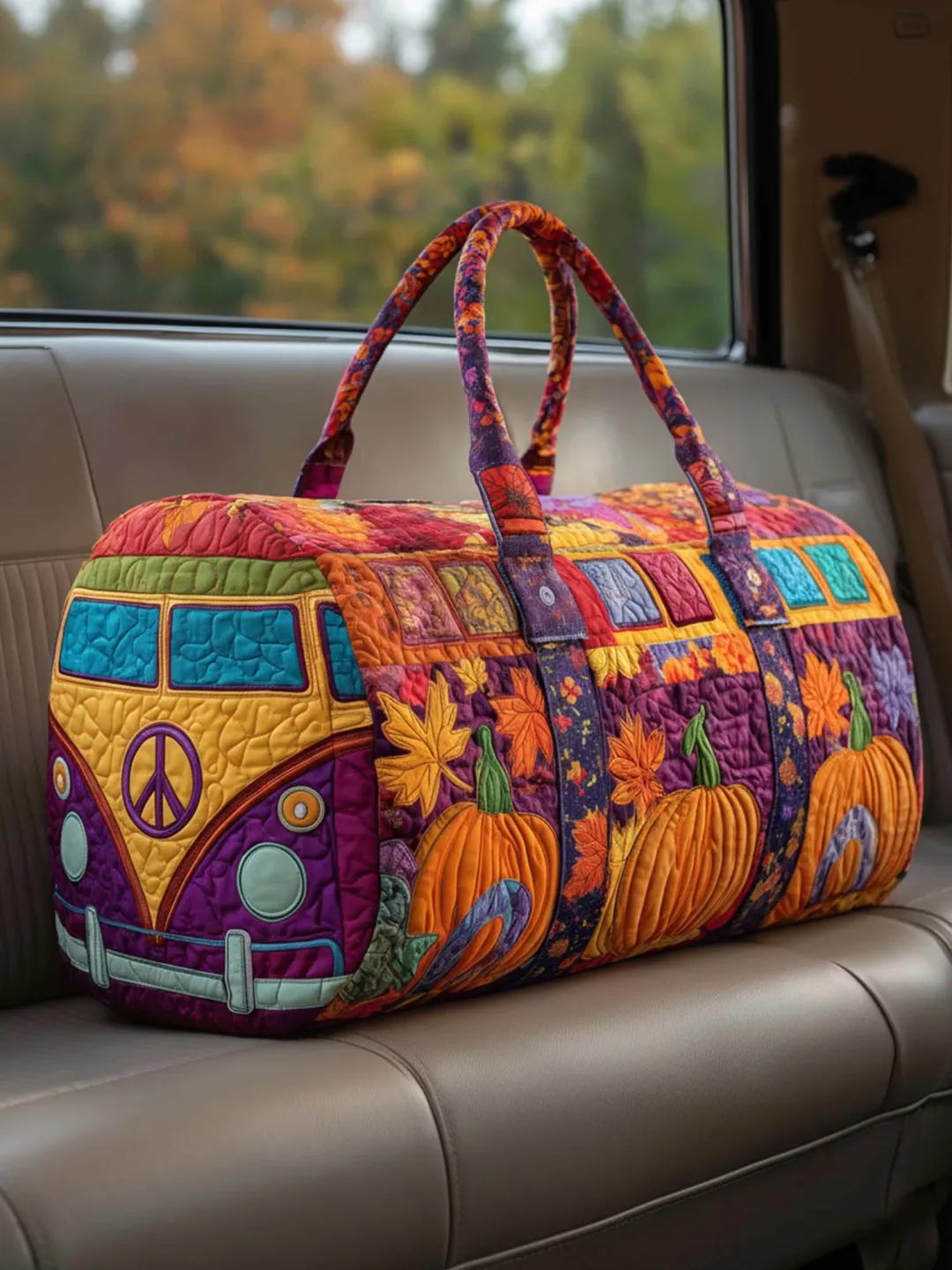 Harvest Pumpkin Hippie Bus Quilted Duffle Bag