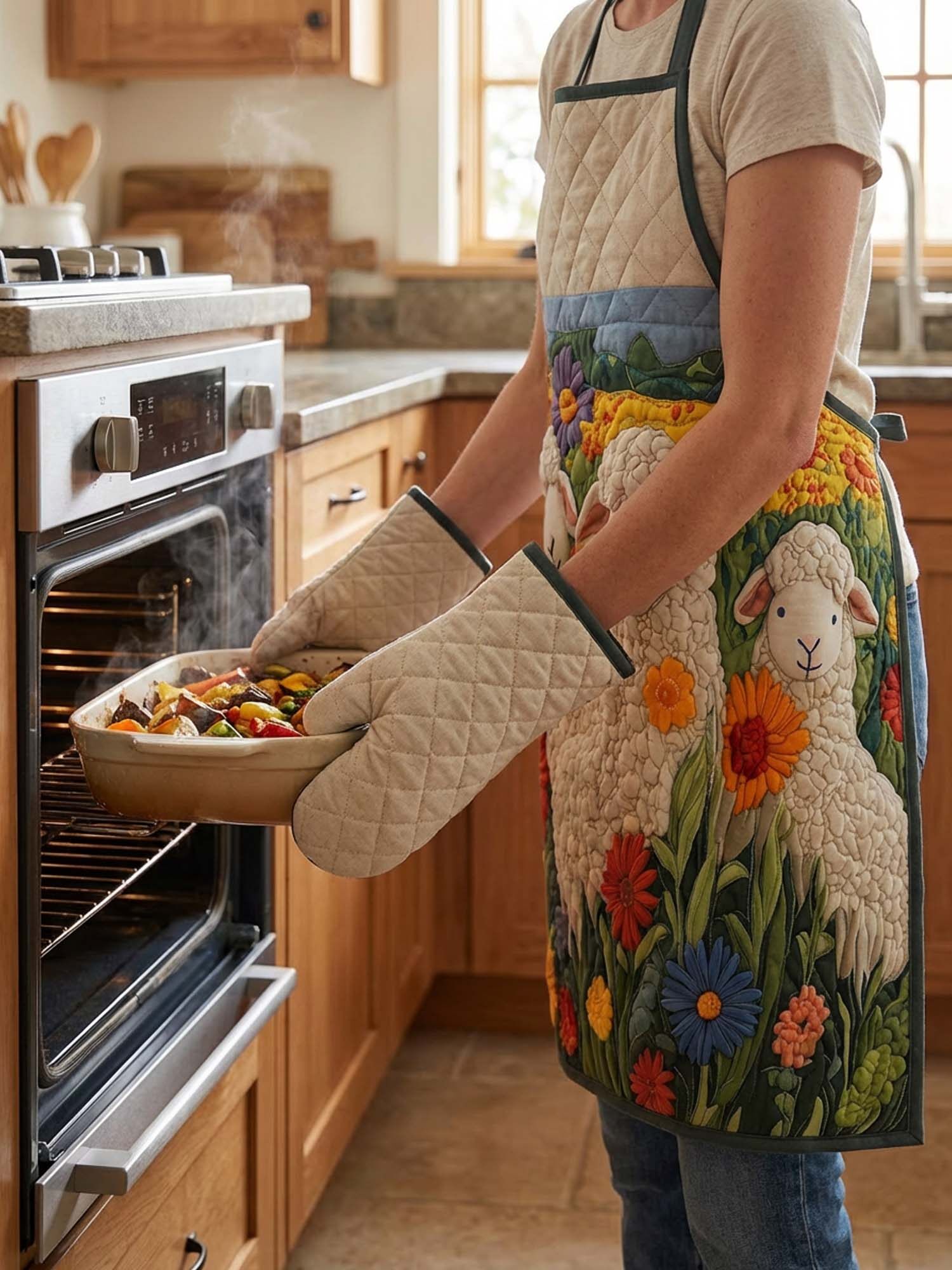 Sheep Quilted Apron Set (2-Piece) – Padded Apron + Heat-Resistant Oven Mitts