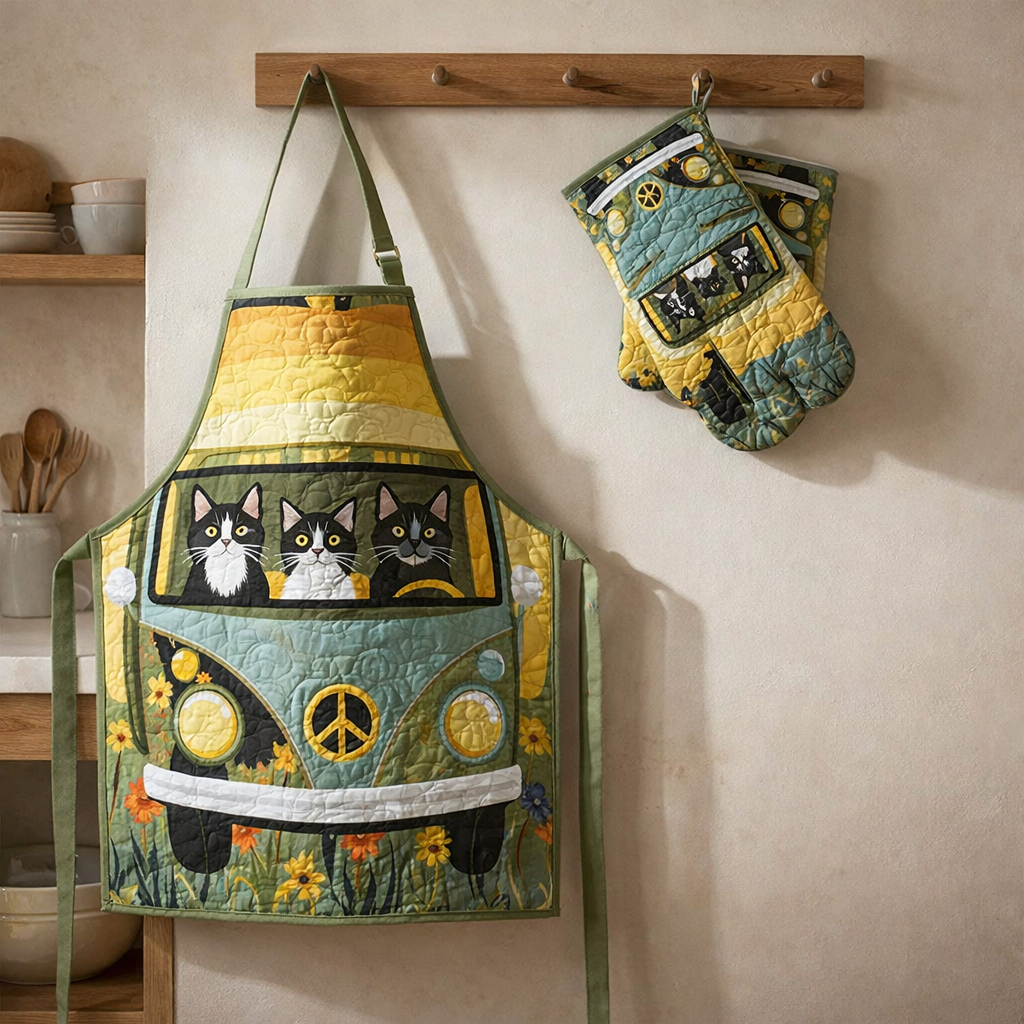 Hippie Van Cat Quilted Apron Set (2-Piece) – Padded Apron + Heat-Resistant Oven Mitts