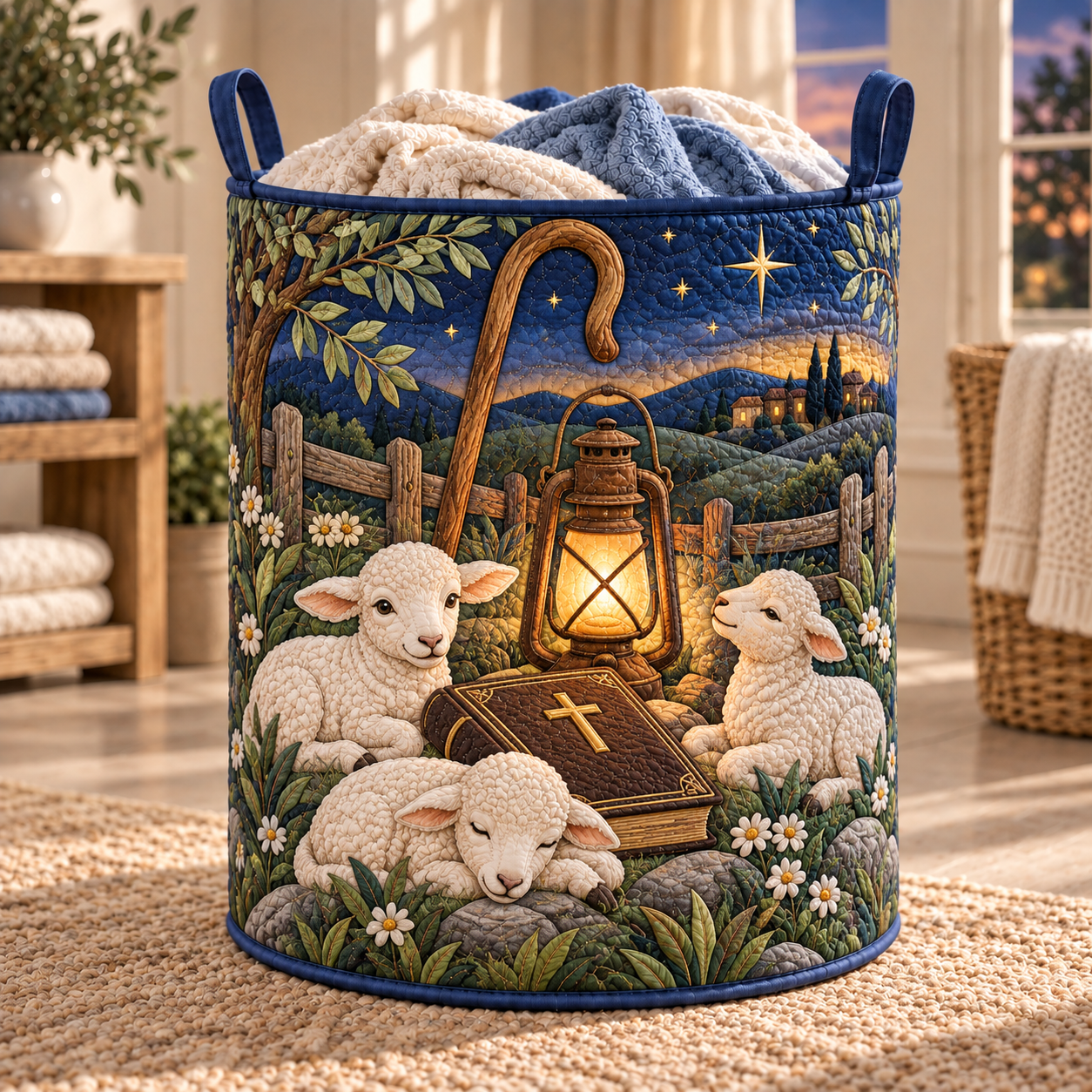 Good Shepherd Lambs Quilted Laundry Basket