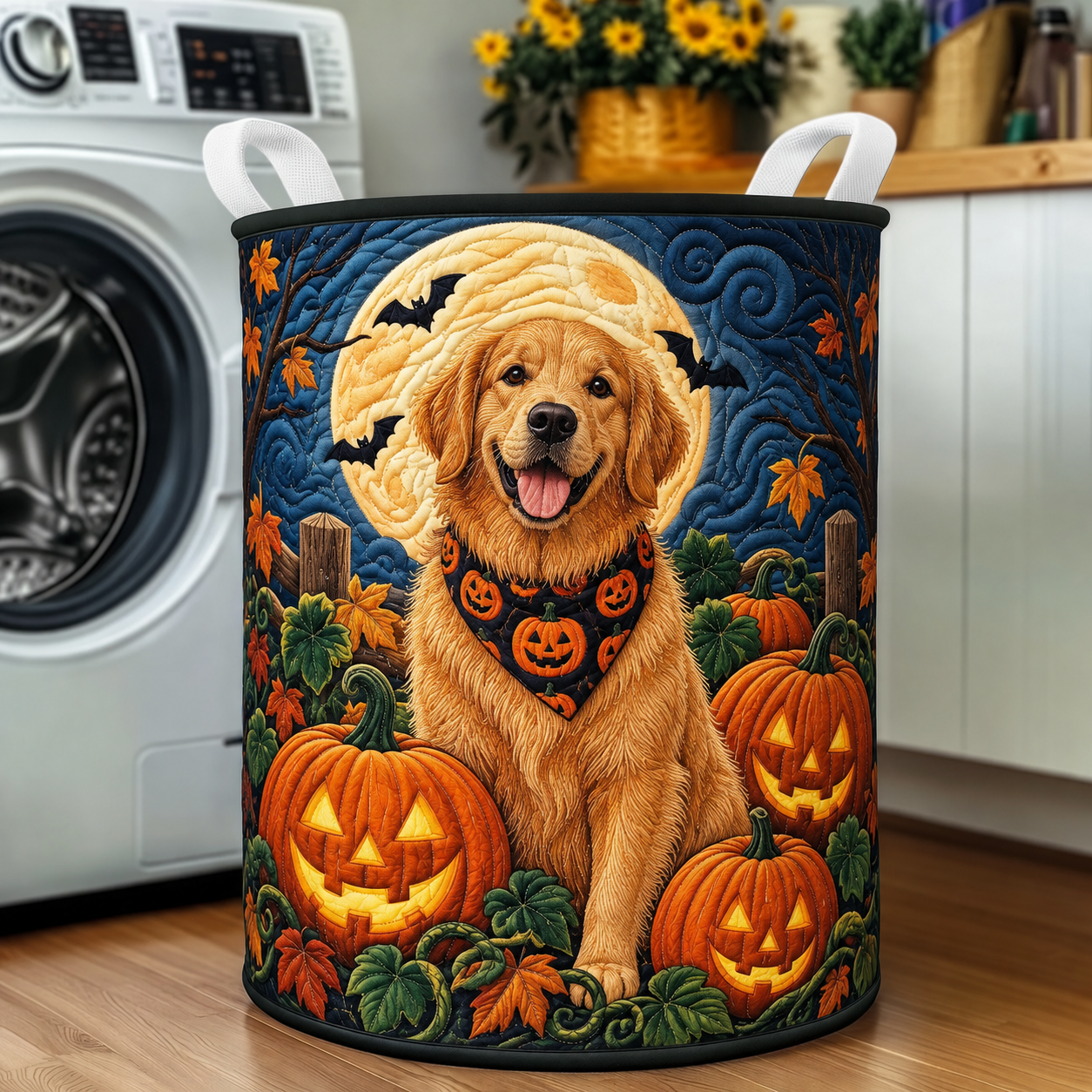 Golden Retriever Pumpkin Patch Quilted Laundry Basket