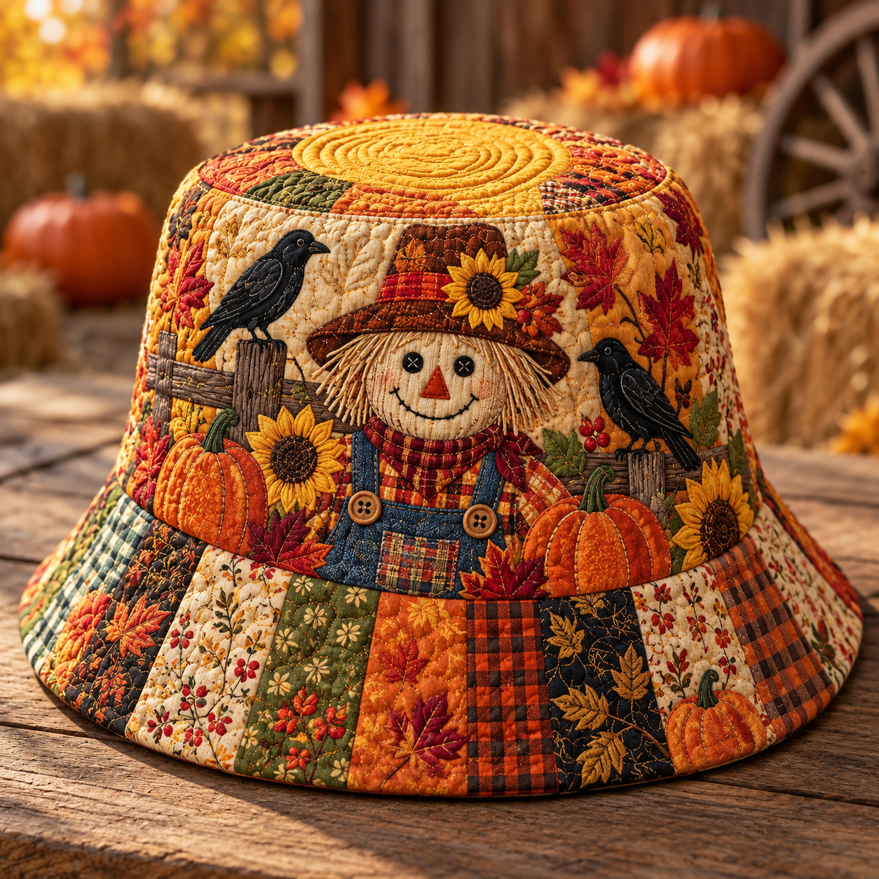Scarecrow Sunflower Harvest Quilted Fishing Hat