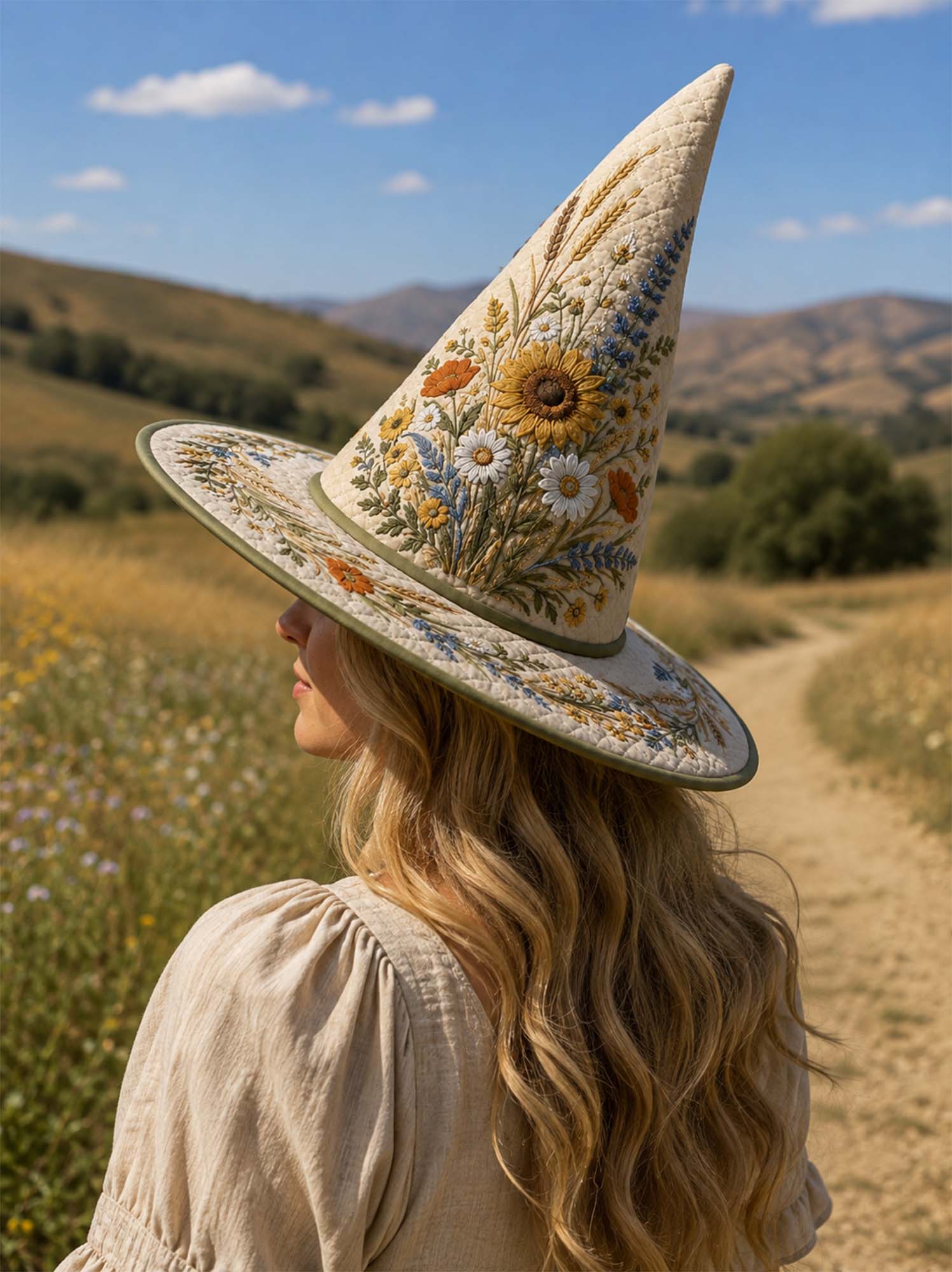 Wildflower Sunflower Embroidered Quilted Witch Hat
