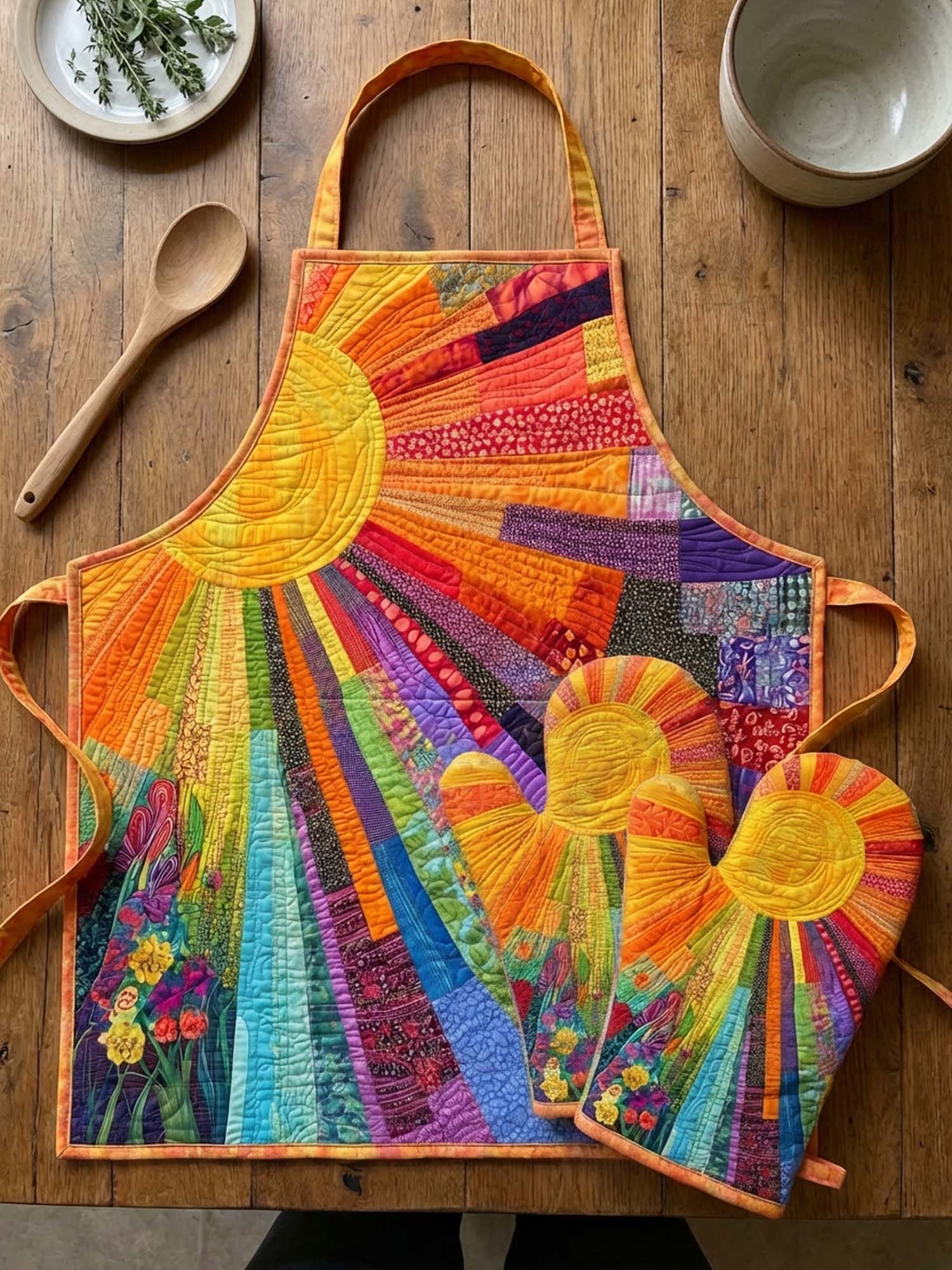 Hippie Sun Quilted Apron Set (2-Piece) – Padded Apron + Heat-Resistant Oven Mitts