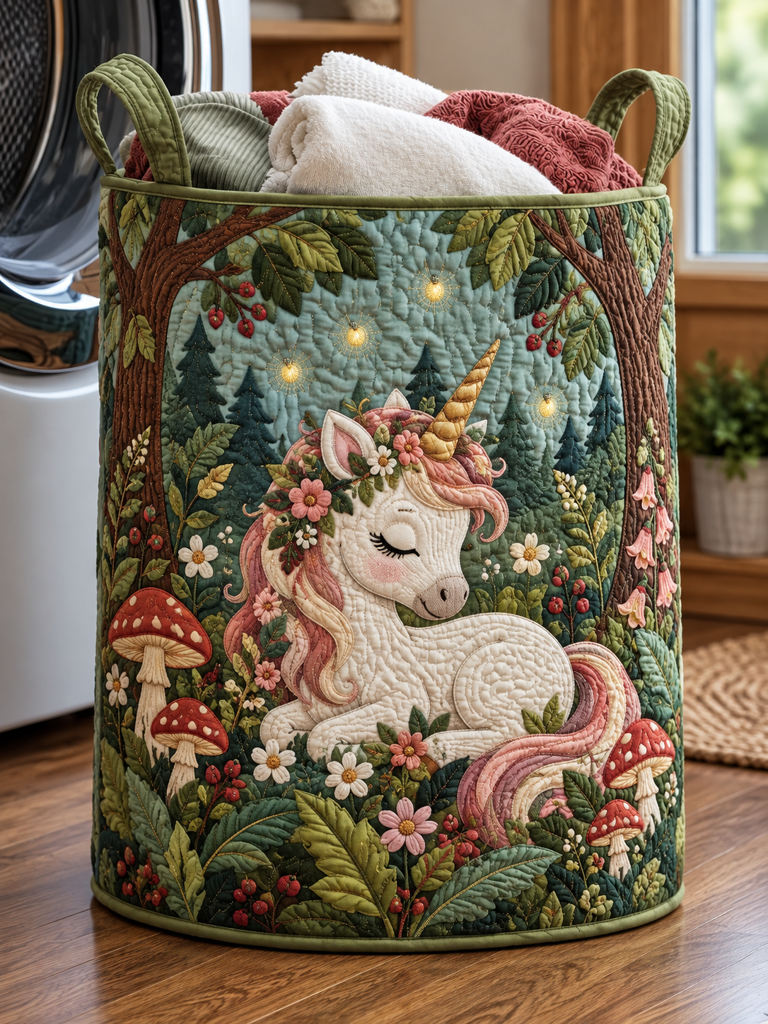 Enchanted Unicorn Mushroom Garden Quilted Laundry Basket