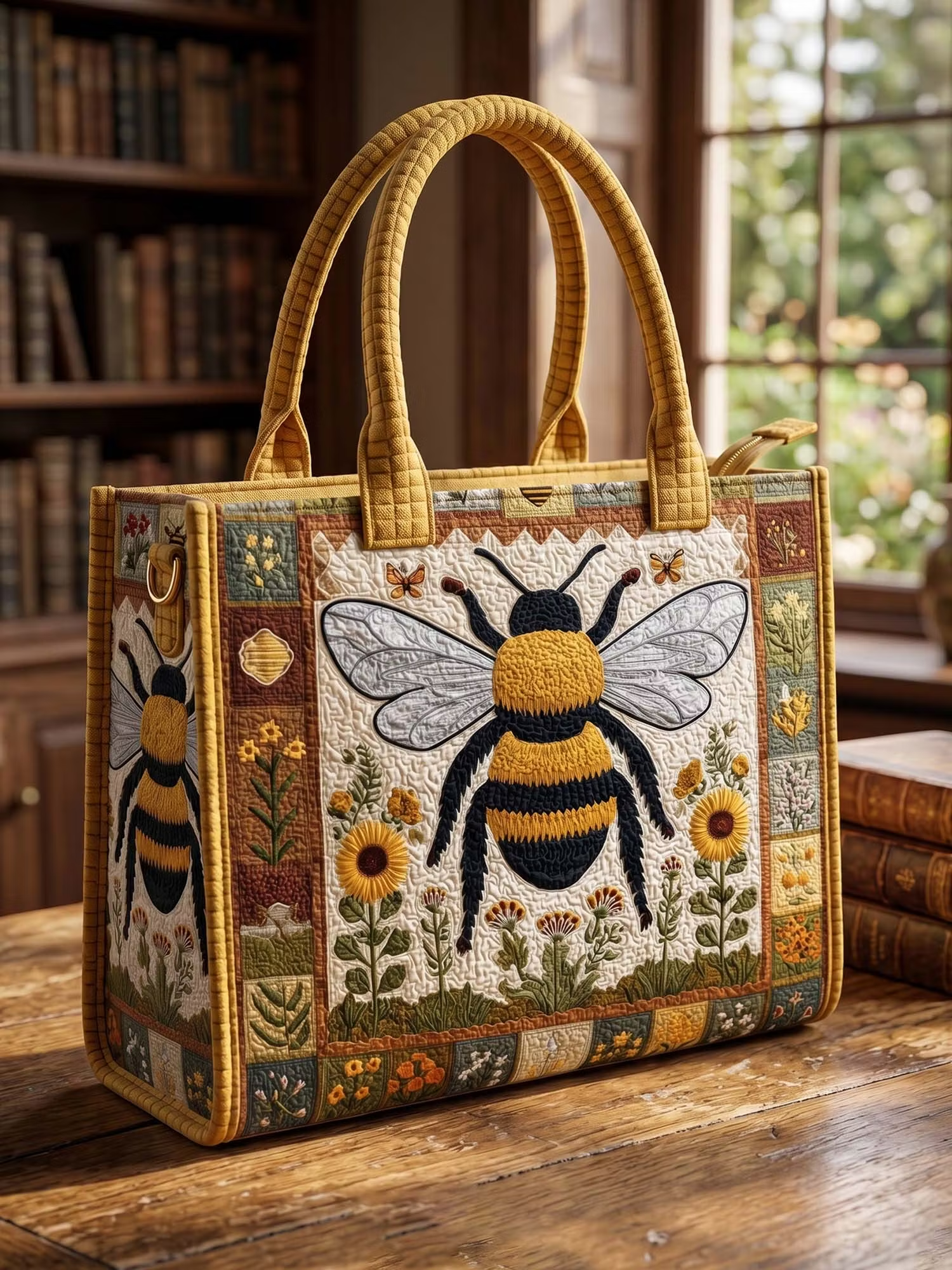 Flower And Bee Quilted Leather Strap Bible Handbag