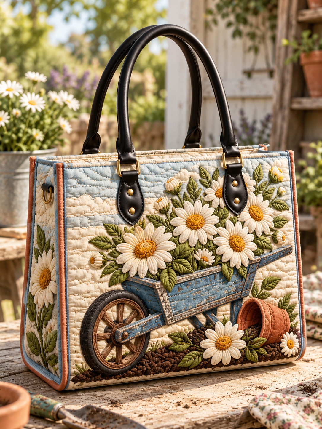 Daisy Garden Cart Quilted Leather Strap Bible Handbag