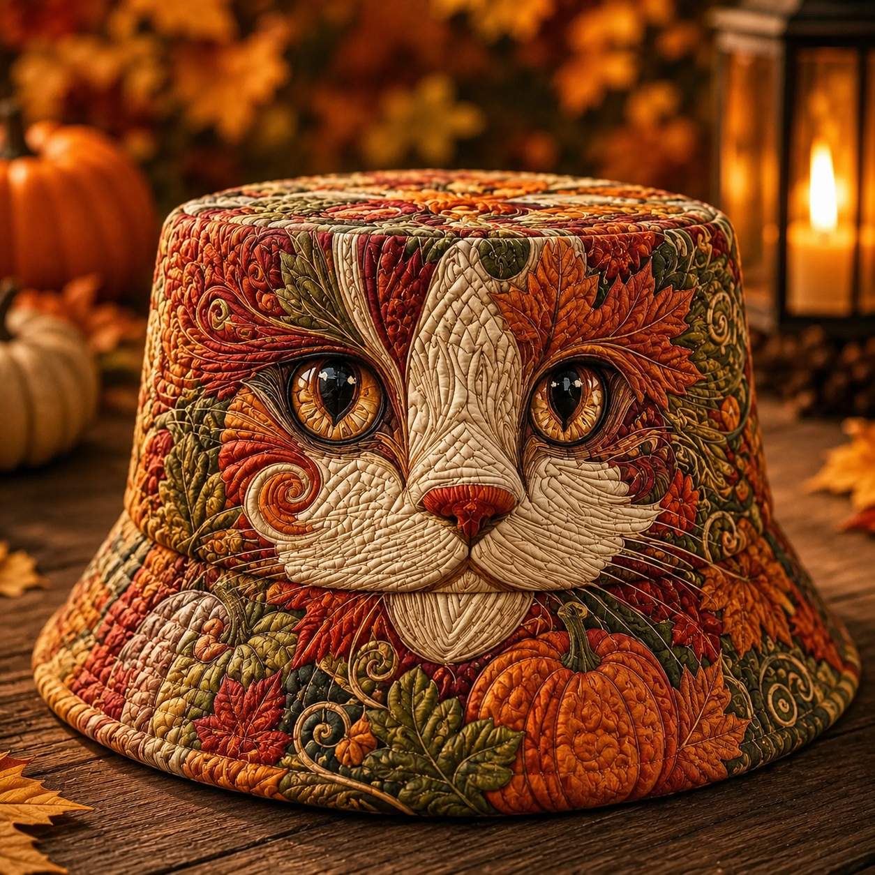 Autumn Cat & Pumpkin Quilted Fishing Hat