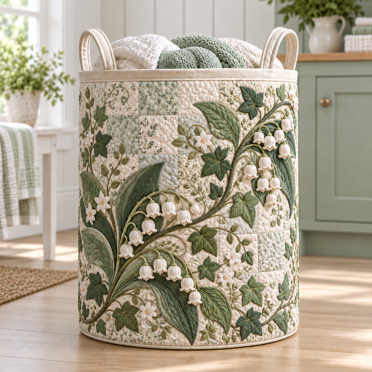 Lily of the Valley Botanical Quilted Laundry Basket