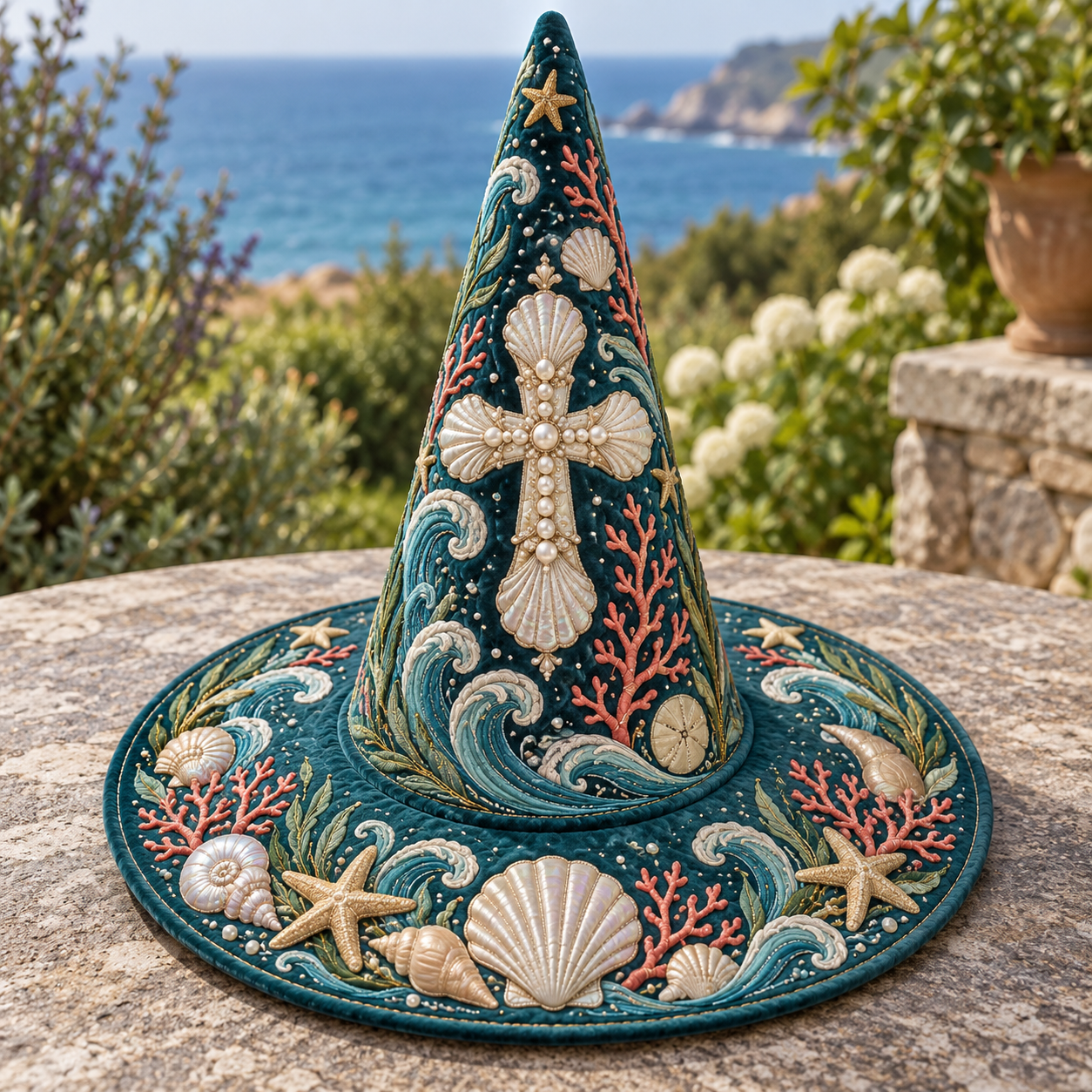 Seaside Cross and Seashell Quilted Witch Hat