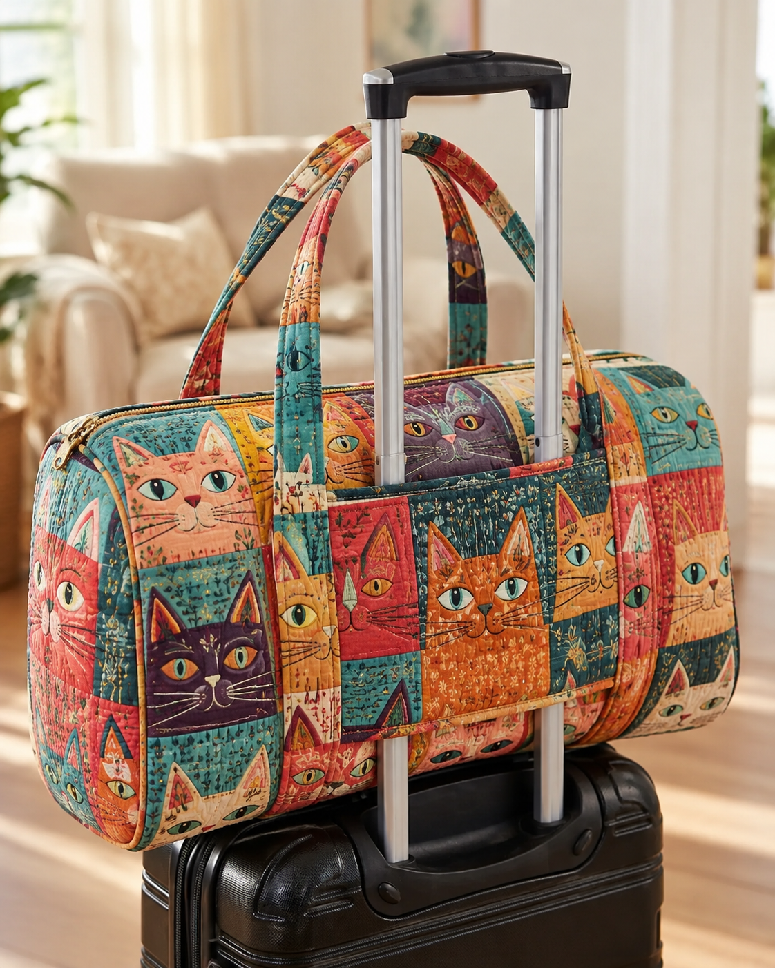 Patchwork Cat Collage Quilted Weekender Bag With Trolley Sleeve