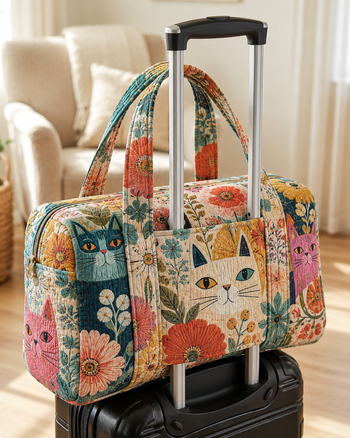 Floral Cat Patchwork Quilted Weekender Bag With Trolley Sleeve