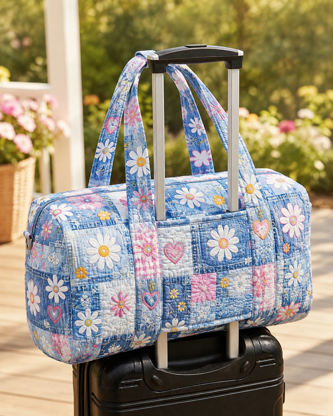 Blue Daisy Patchwork Quilted Weekender Bag With Trolley Sleeve