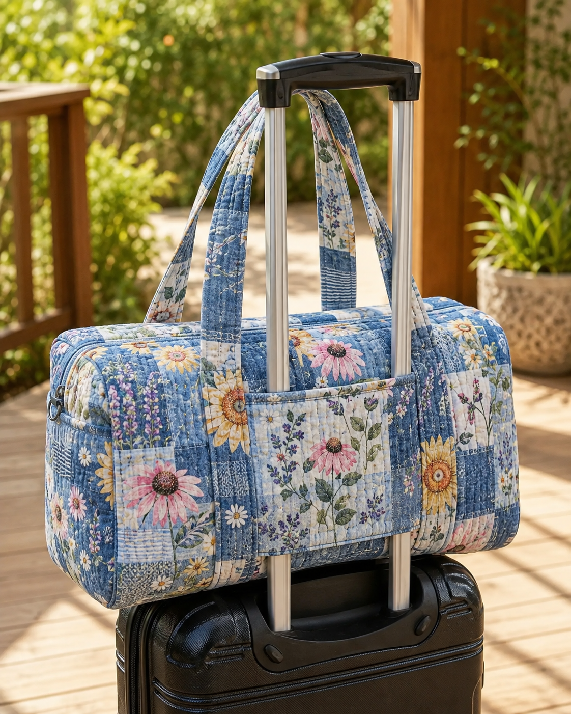Cottage Floral Patchwork Quilted Weekender Bag With Trolley Sleeve