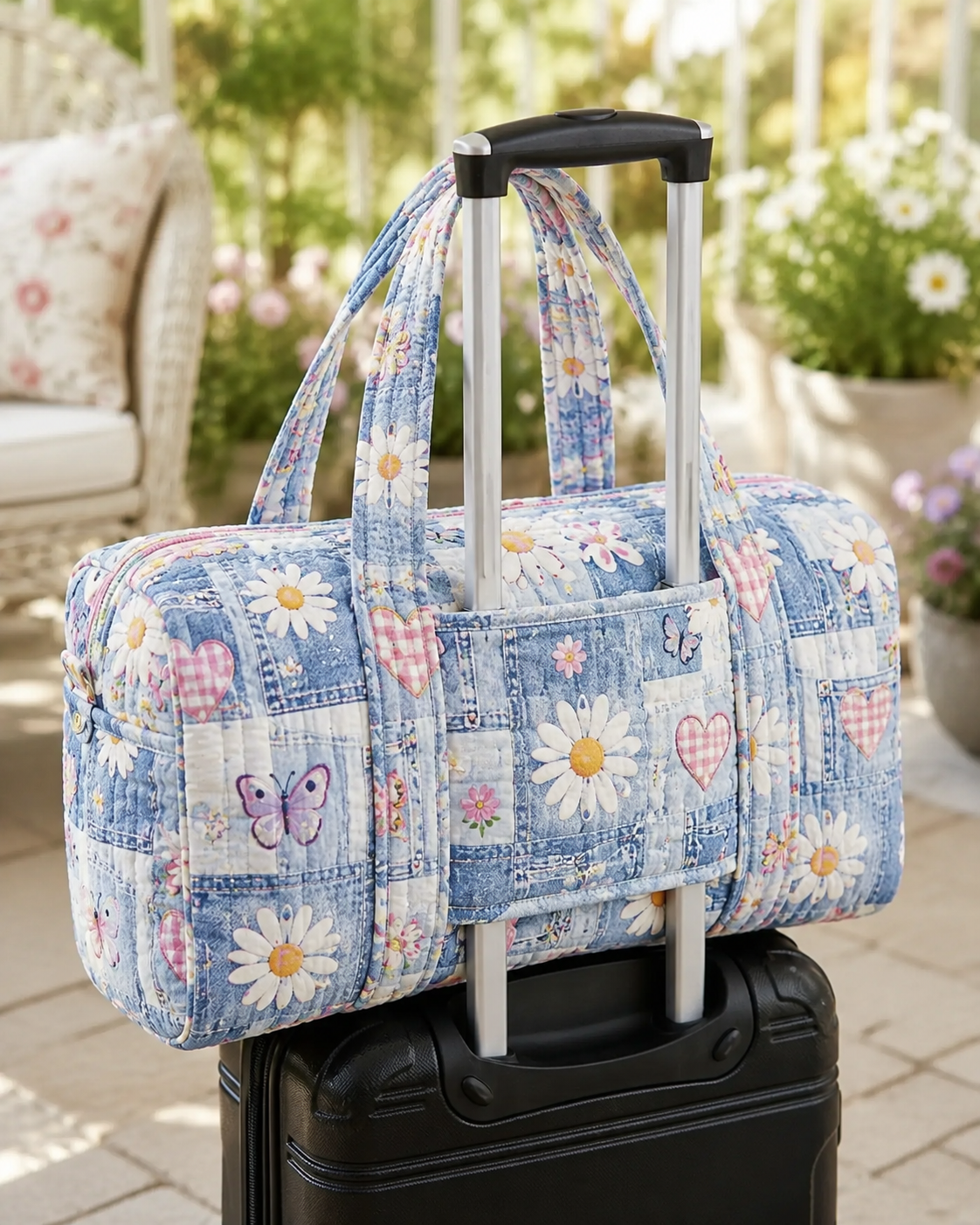 Butterfly Daisy Patchwork Quilted Weekender Bag With Trolley Sleeve