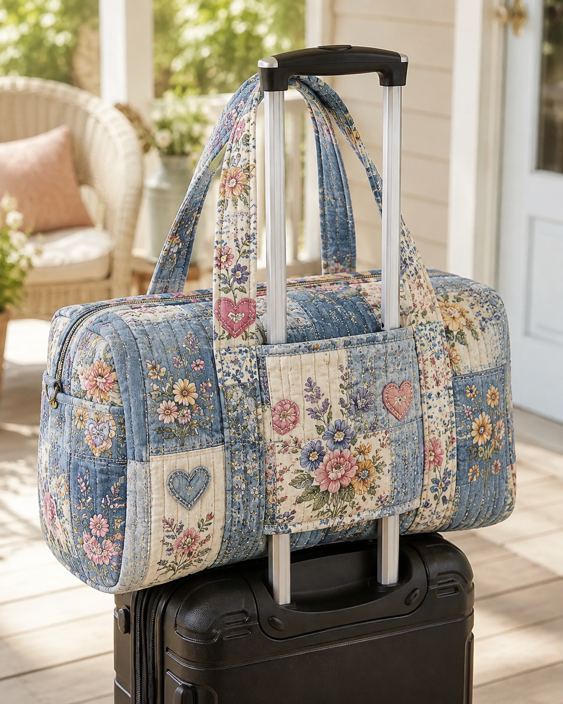 Vintage Heart Floral Patchwork Quilted Weekender Bag With Trolley Sleeve