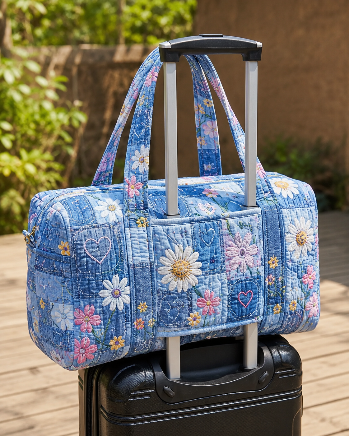 Sky Blue Daisy Patchwork Quilted Weekender Bag With Trolley Sleeve